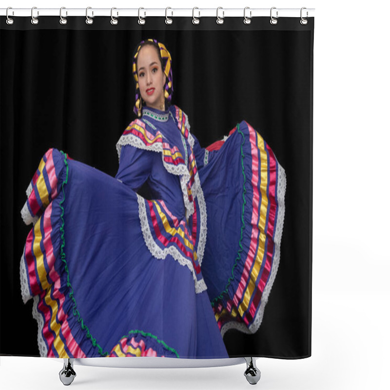 Personality  Latin Woman Dressed In A Dress From Jalisco Mexico, Purple Skirmish With Ribbons Of Bright Colors, Braids And In Movement Skirt And Smile, Black Background Shower Curtains