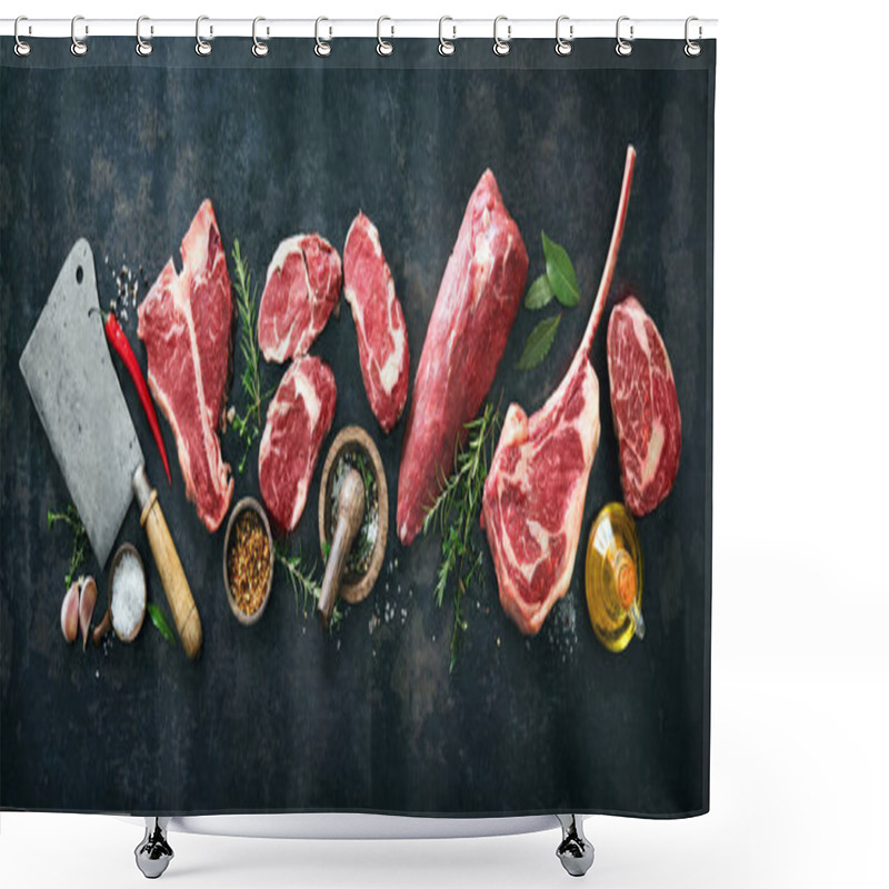 Personality  Variety Of Raw Beef Meat Steaks For Grilling With Seasoning And Utensils On Dark Rustic Board Shower Curtains