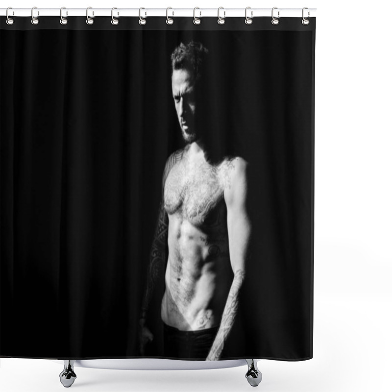 Personality  Seductive Face Of A Sexy Man. Macho Looking Confident. Strong Muscular Male Body, Muscles Guy. Muscular Athletic Sexy Male, Naked Torso. Shower Curtains