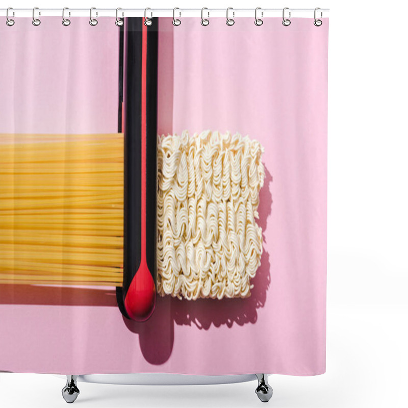 Personality  Top View Of Flat Iron, Spaghetti And Wavy Instant Noodles On Pink, Hair Straightening Concept Shower Curtains