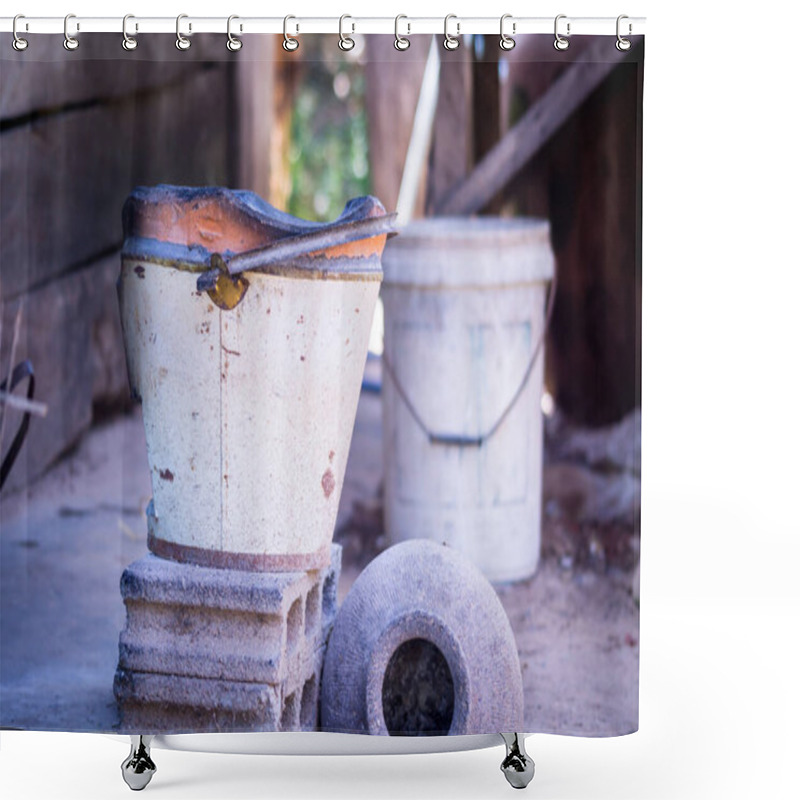 Personality  A Rustic Charcoal Stove Used For Cooking With Natural Fuels Like Wood Or Charcoal, Set In A Quiet Countryside Atmosphere. The Image Captures The Simplicity And Charm Of Rural Life. Shower Curtains