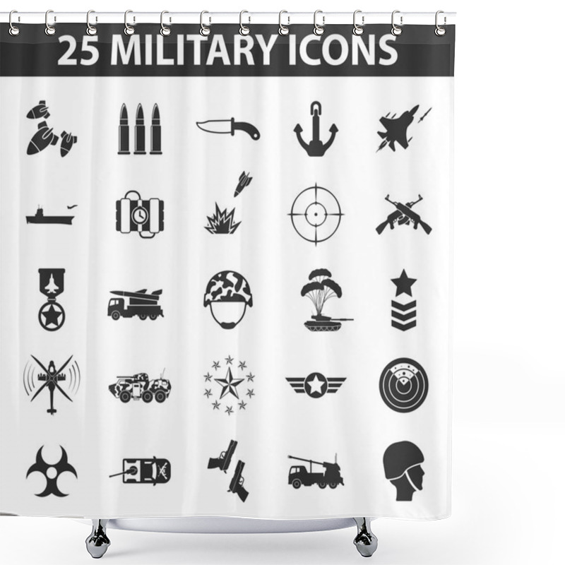 Personality  Military Set 25 Black Simple Icons. Army And Weapon Icon Design For Web And Mobile. Shower Curtains