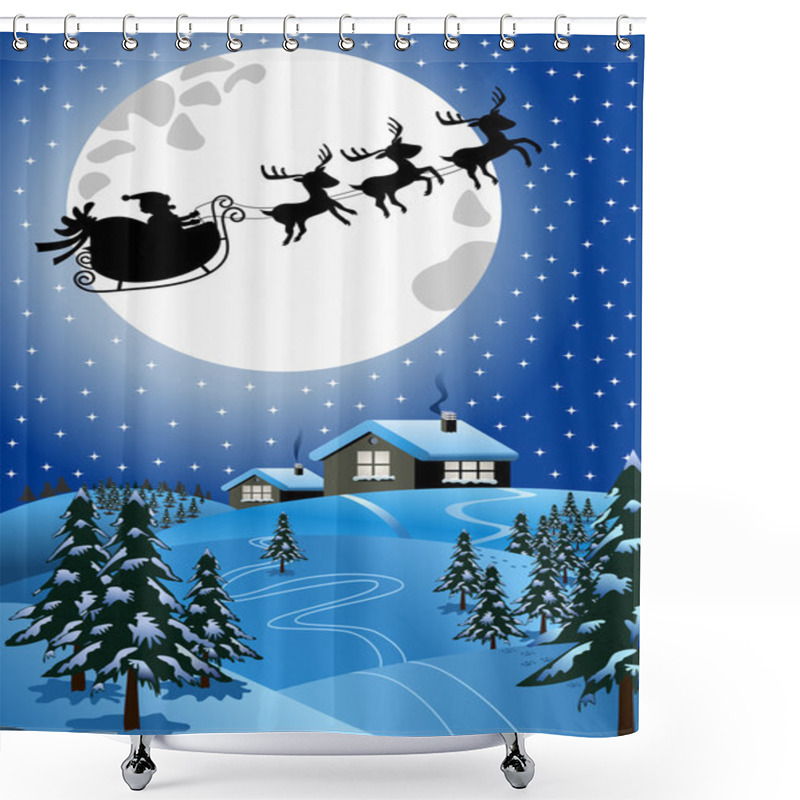 Personality  Christmas Night With Silhouette Of Santa Claus In His Sled Or Sleigh Pulled By Reindeer Flying Over Winter Snowy Landscape Shower Curtains