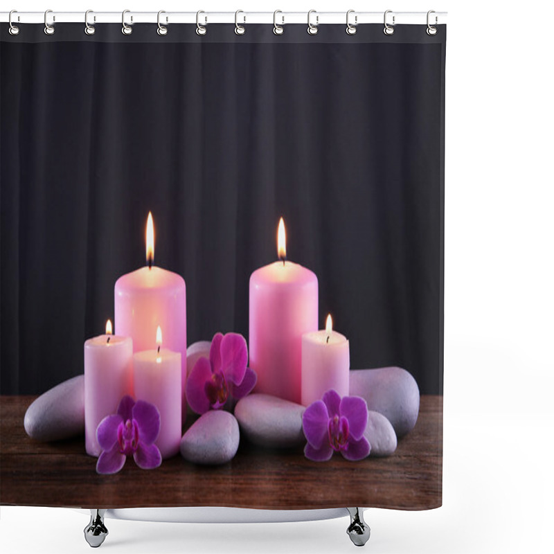 Personality  Spa Stones With Burning Candles And Flowers Shower Curtains