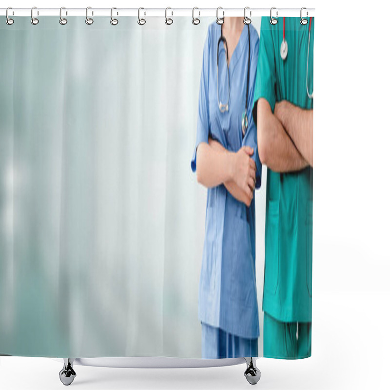 Personality  Two Hospital Staffs - Surgeon, Doctor Or Nurse Standing With Arms Crossed In The Hospital. Medical Healthcare And Doctor Service. Shower Curtains