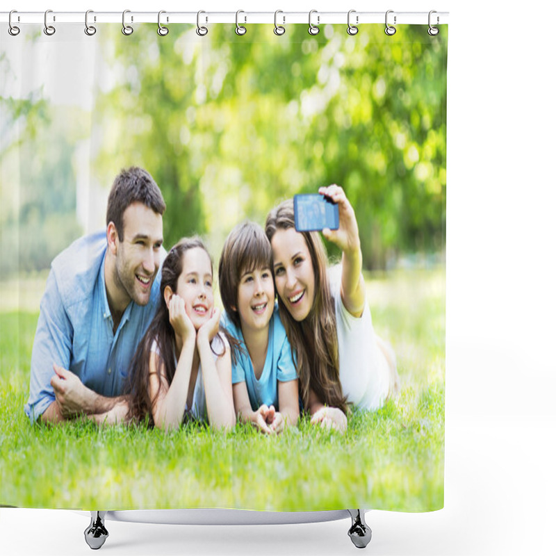 Personality  Happy Young Family Making Selfie Shower Curtains