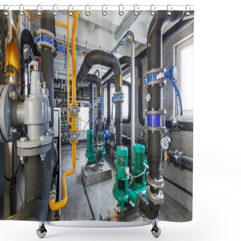 Personality  Interior Of Industrial, Gas Boiler Room With Boilers; Pumps; Sensors And A Variety Of Pipelines. Shower Curtains