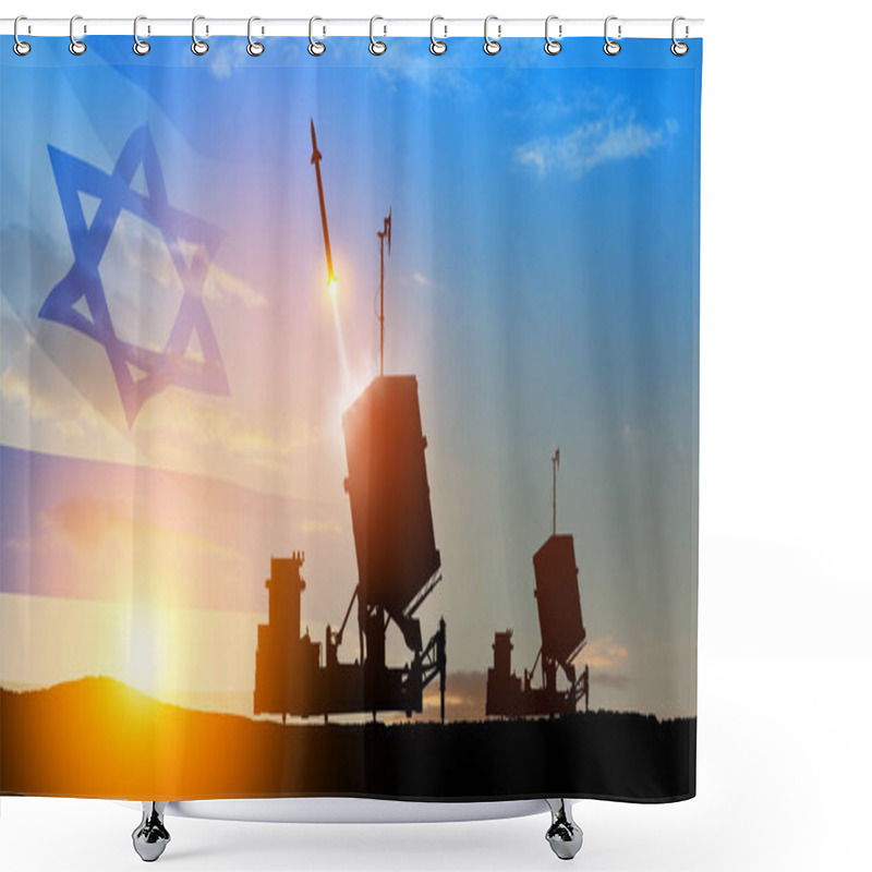 Personality  Israel's Iron Dome Air Defense Missile Launches. The Missiles Are Aimed At The Sky At Sunset With Israel Flag. Missile Defense, A System Of Salvo Fire. Shower Curtains