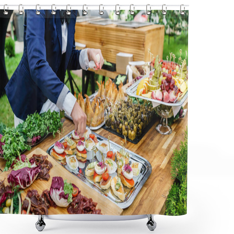 Personality  Delicious appetizers on table shower curtains