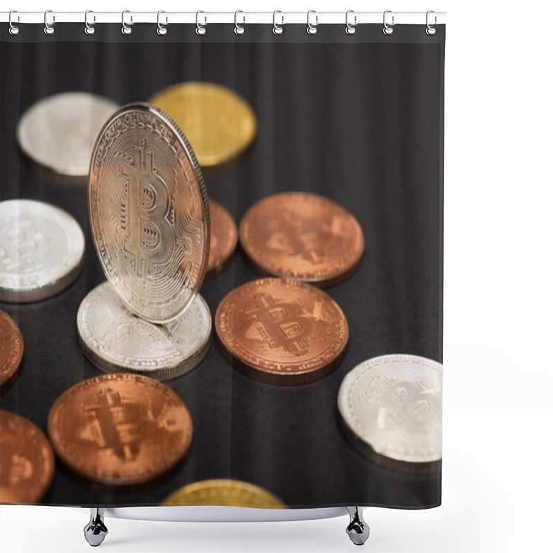 Personality  KYIV, UKRAINE - APRIL 26, 2022: Close Up View Of Different Bitcoins On Black Background Shower Curtains