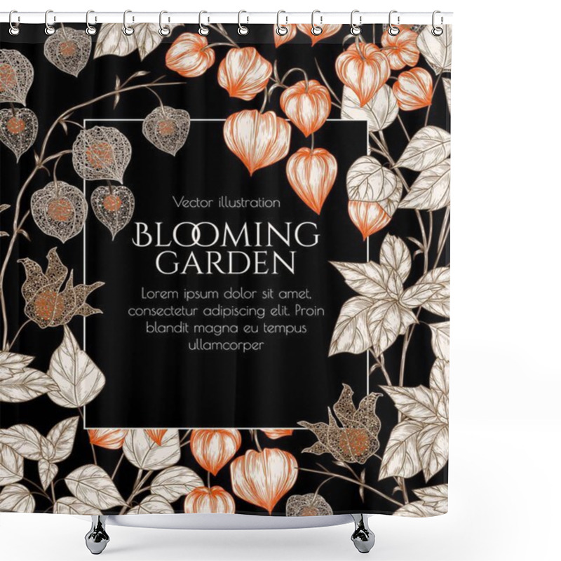 Personality   Vector Illustration Of A Branch Of Physalis In Engraving Style Shower Curtains