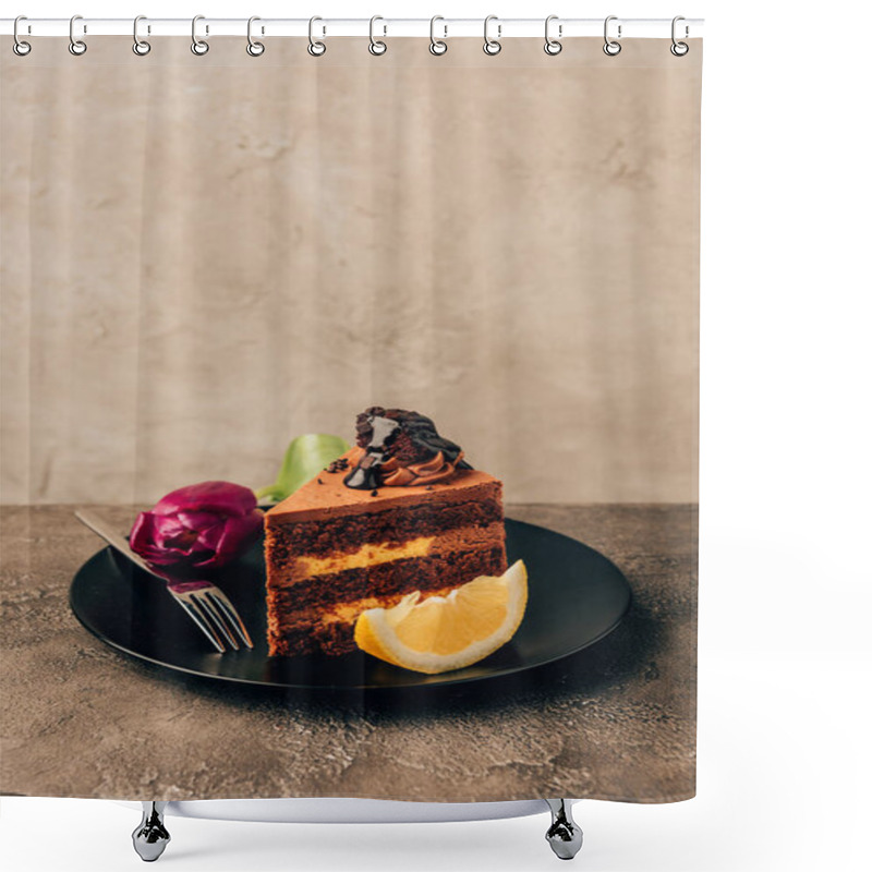 Personality  Close-up View Of Delicious Chocolate And Lemon Tart With Beautiful Tulip Flower Shower Curtains