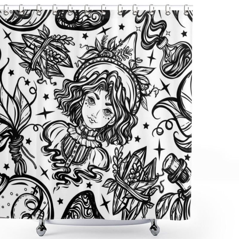 Personality  Vector Illustration, Halloween, Witch, Mystic, Witchcraft, Bottles Of Potion, Dried Leaves. Handmade, Prints, Background White, Seamless Pattern Shower Curtains