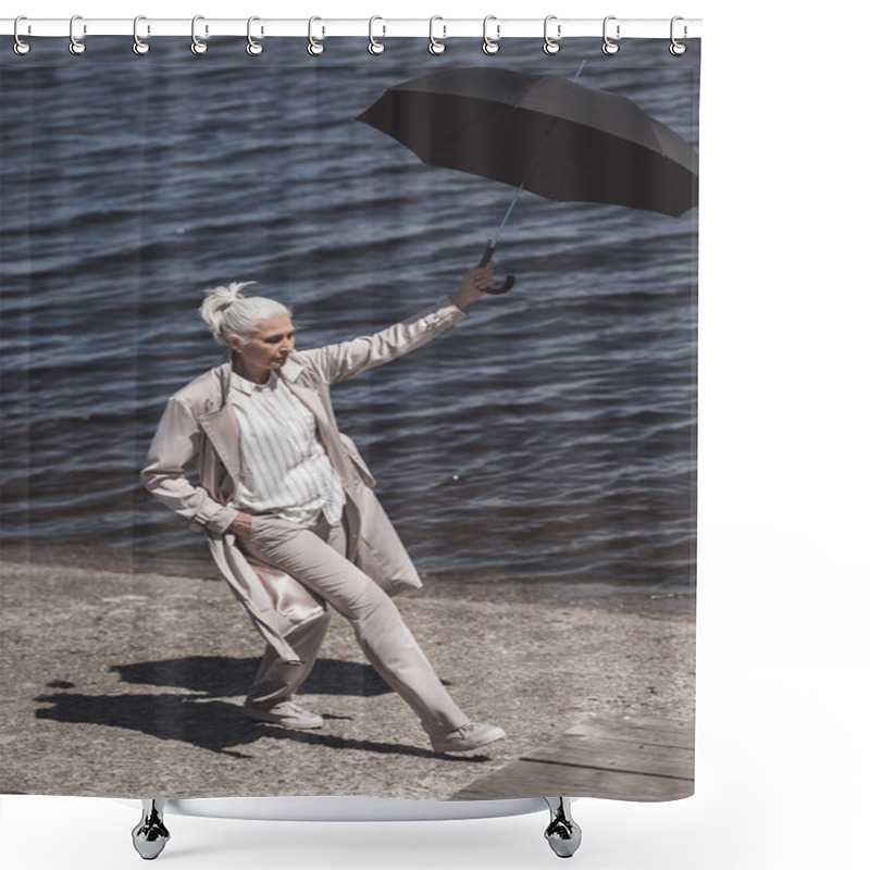 Personality  Woman Walking With Umbrella On River Shore Shower Curtains