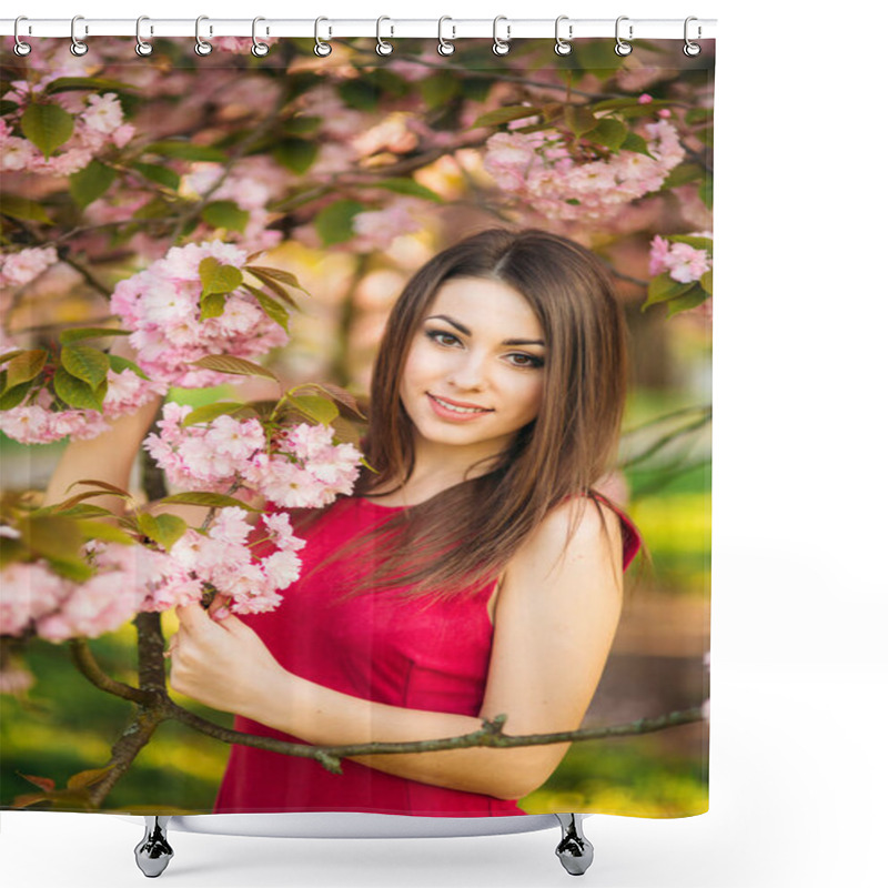 Personality  Portrait Of Beutiful Girl In Sakura Tree. Sakura Flowers Surround The Girl. Sakura Branch By Her Face. Japanese Tree Shower Curtains