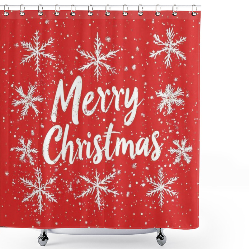 Personality  Festive Merry Christmas Greeting With Snowflakes On A Red Background. Shower Curtains