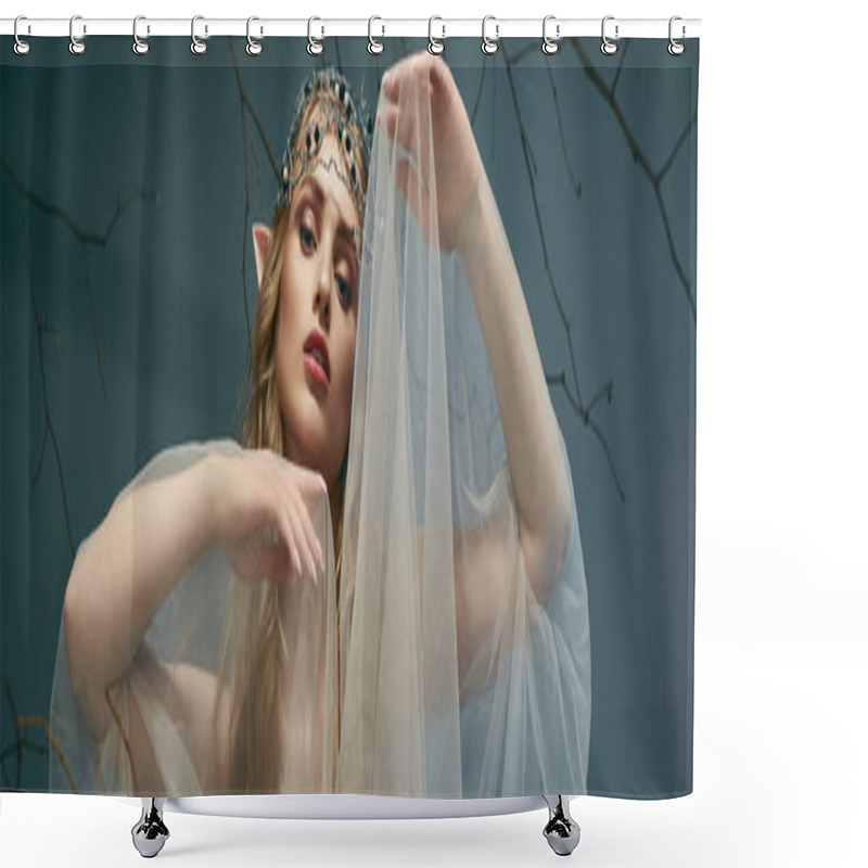 Personality  A Young Woman Adorned In A Tiara And Veil Poses Gracefully In Front Of A Majestic Tree, Embodying The Spirit Of An Elf Princess. Shower Curtains