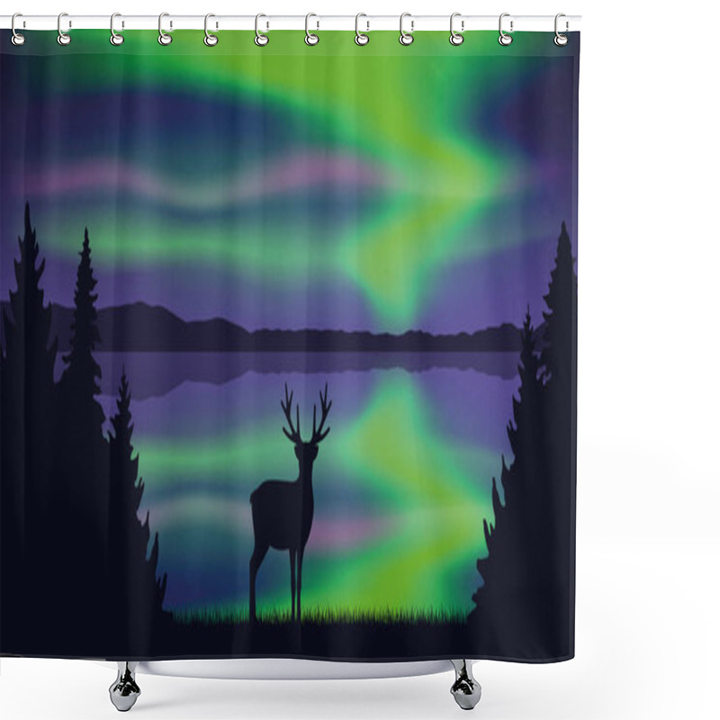 Personality  Wildlife Deer By The Lake With Beautiful Polar Lights In The Sky Shower Curtains