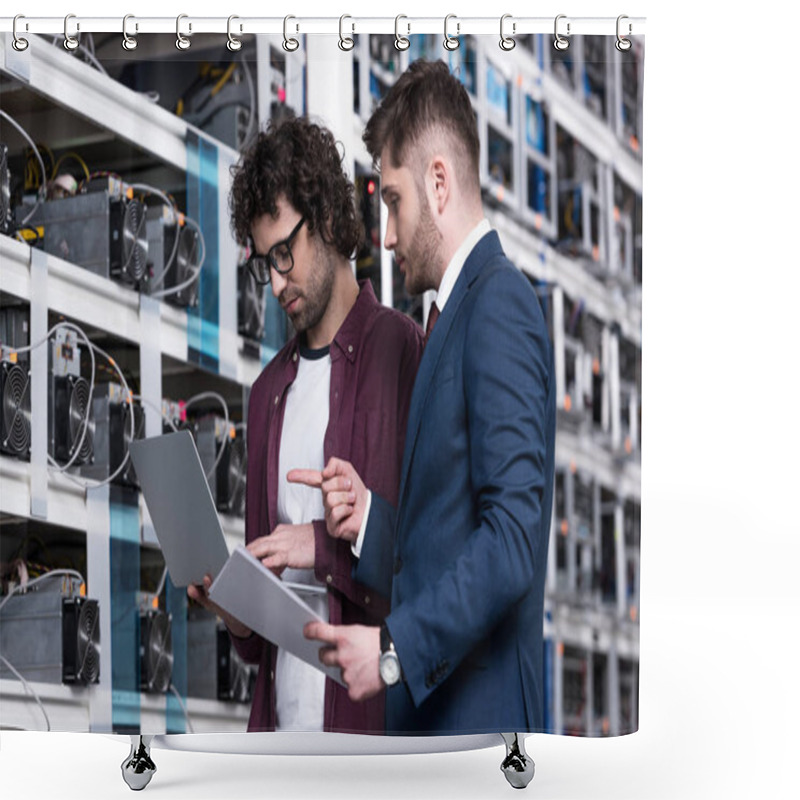 Personality  Businessman And Computer Engineer Working With Laptop Together At Bitcoin Mining Farm Shower Curtains