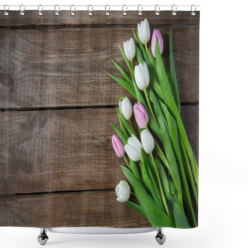 Personality  Beautiful Fresh Tulips On Wooden Surface Shower Curtains