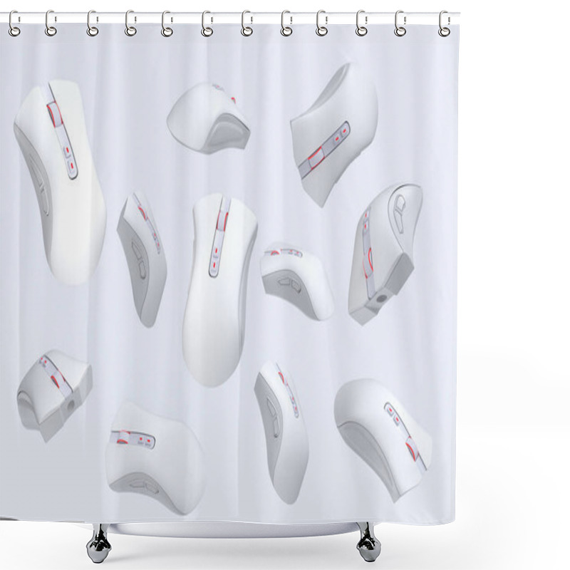 Personality  Flying gamer mouse on white background with blur. 3d rendering of accessories for live streaming concept top view shower curtains