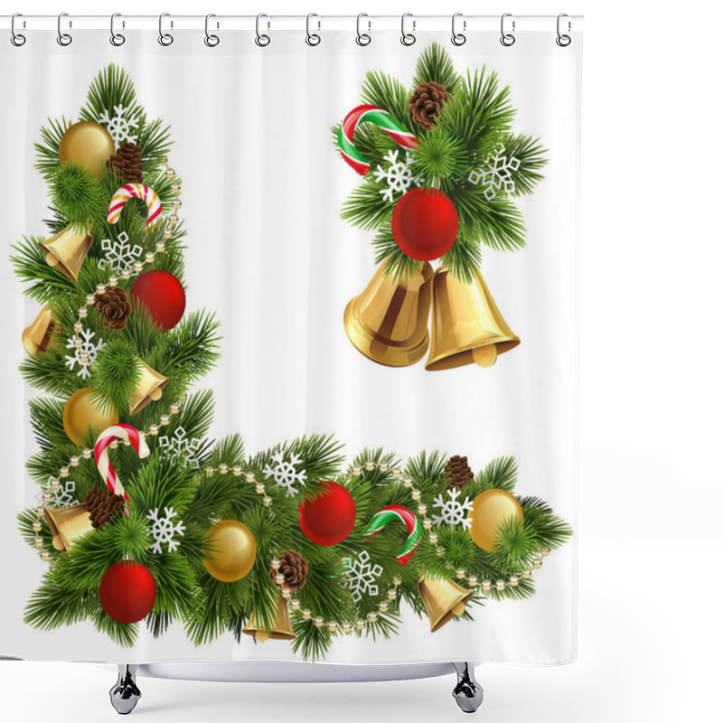 Personality  Vector Pine Corner With Bells Isolated On White Background Shower Curtains