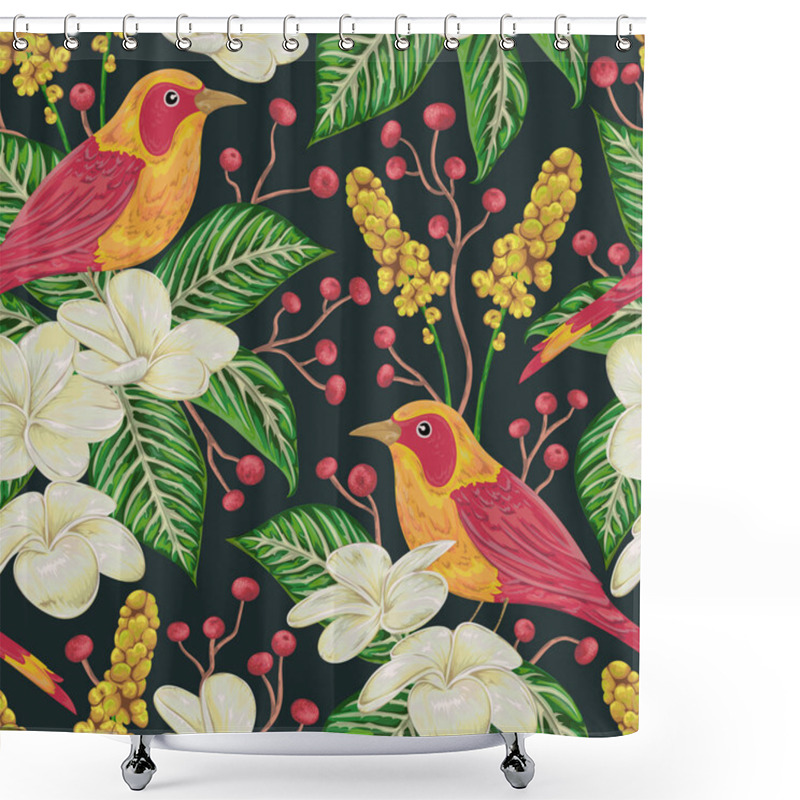 Personality  Seamless Pattern With Tropical Birds, Flowers,berries And Leaves. Exotic Flora And Fauna. Vintage Hand Drawn Vector Illustration In Watercolor Style Shower Curtains