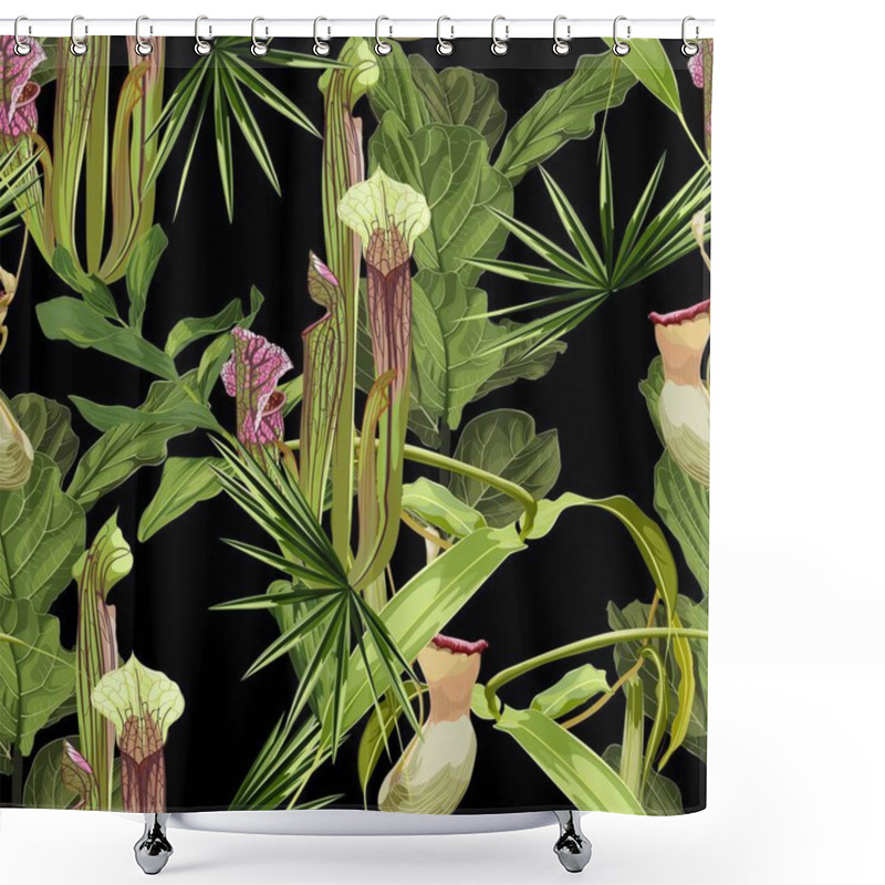 Personality  Sarracenia Exotic Flowers. Seamless Floral Pattern With Green Glossy Flowers And Palm Leaves. Tropical Pattern On A Black Background.  Shower Curtains