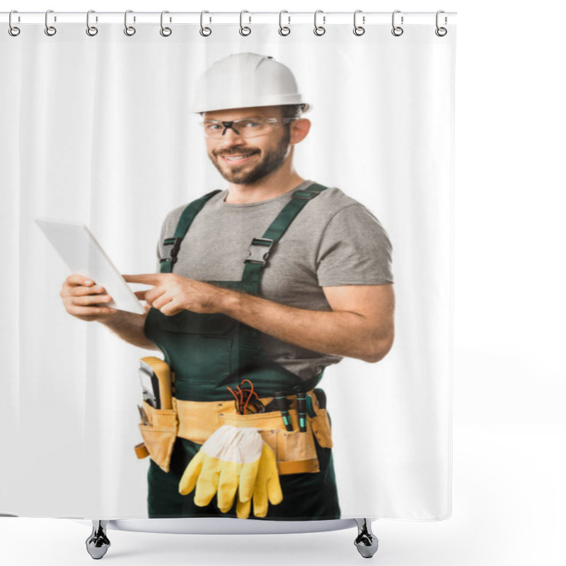 Personality  Smiling Handsome Electrician In Helmet And Protective Glasses Using Tablet Isolated On White Shower Curtains