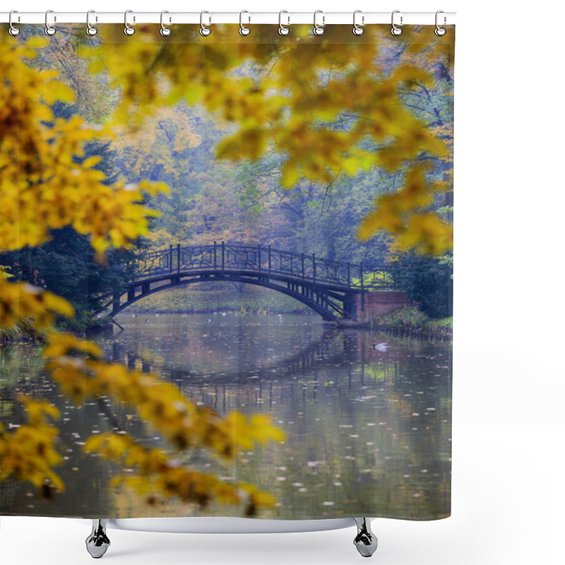 Personality  Autumn - Old Bridge In Autumn Misty Park Shower Curtains