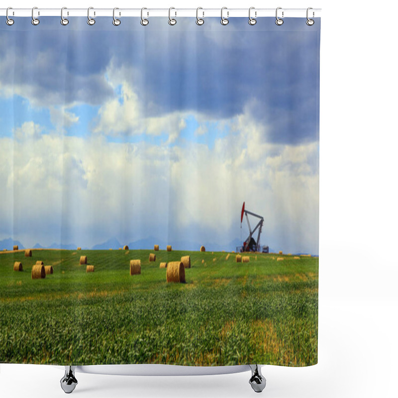 Personality  An Oil Pumpjack In Alberta, Canada. An Oil Pumjack Is The Overground Drive For A Reciprocating Piston Pump In An Oil Well.  Shower Curtains