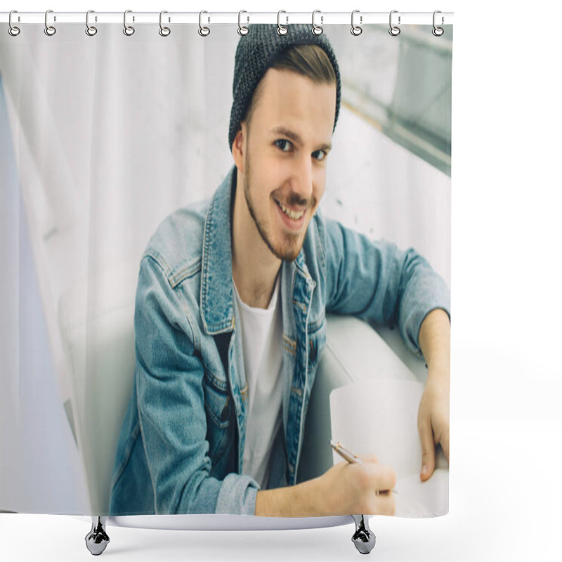 Personality  Guy Is Sitting On Sofa And Writing Notes Shower Curtains