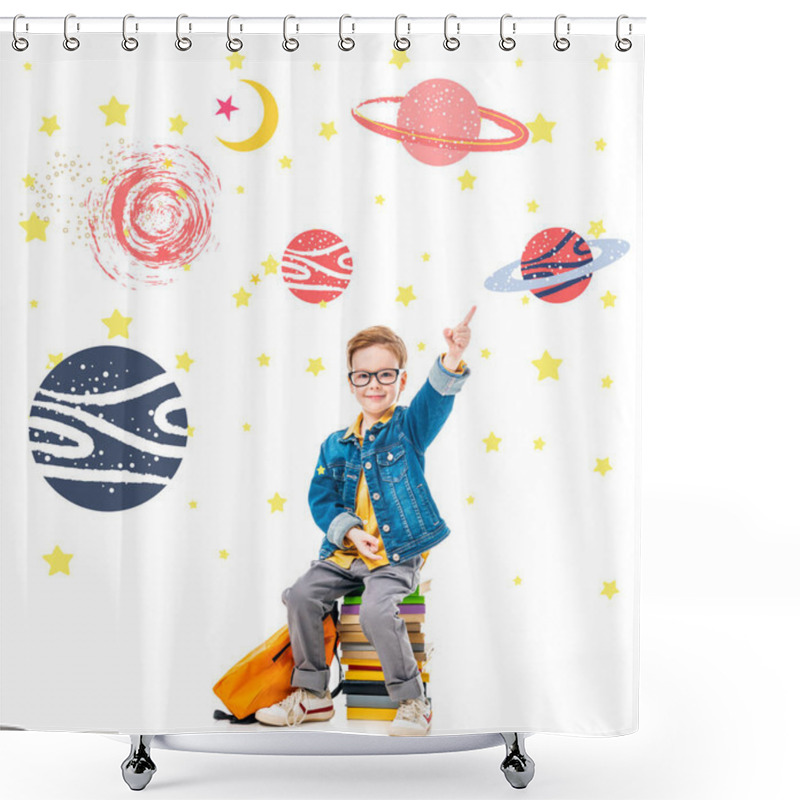 Personality  Smiling Schoolboy Pointing Up While Sitting On Pile Of Books With Backpack, Isolated On White With Fantasy Universe And Planets Shower Curtains