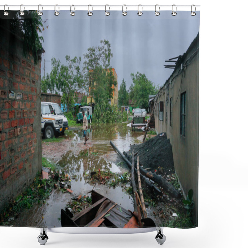 Personality  Howrah, West Bengal, India - 21st May 2020 : Remains Of A Devastated Shop, Destroyed By Super Cyclone Amphan. Few Structures Could Survive The Storm. Shower Curtains