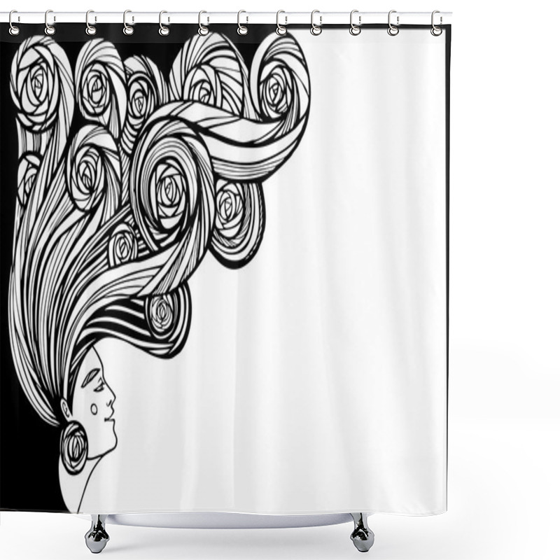 Personality  Hair Treatment Vector Illustration. Natural Hair Cosmetics. Profile Of Beautiful Woman With Flowers In Long Wavy Hair. Shower Curtains