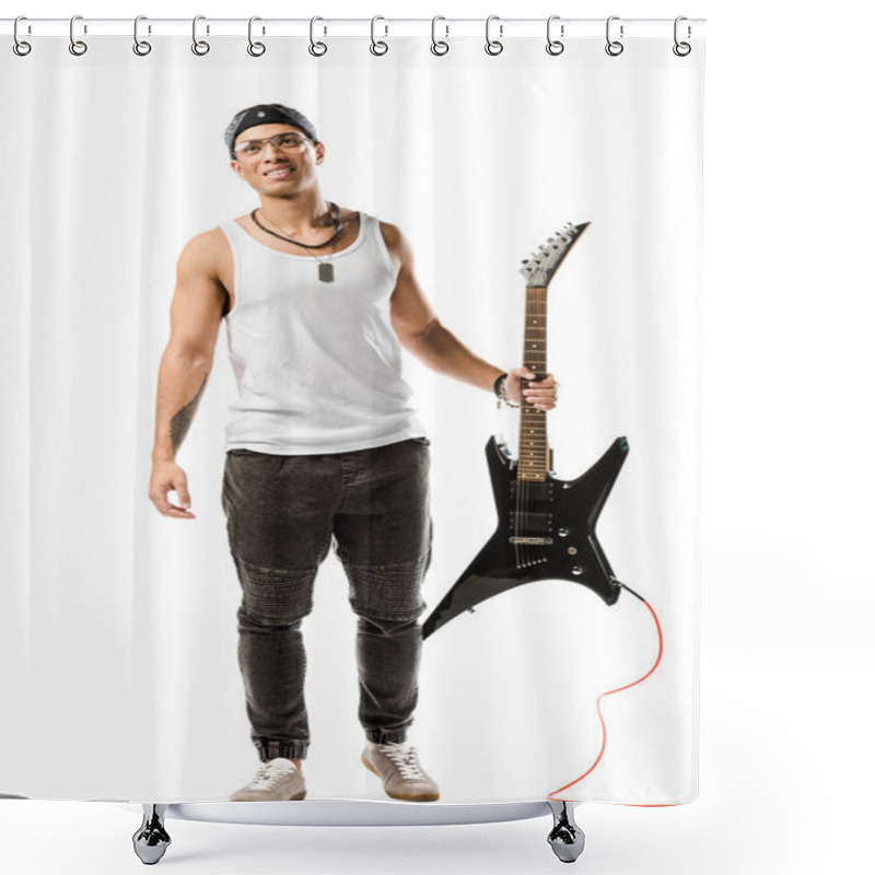 Personality  Happy Young Male Rock Musician Posing With Black Electric Guitar Isolated On White Shower Curtains