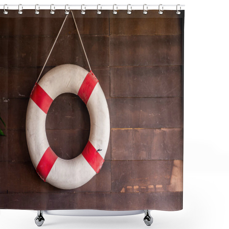 Personality  Sea Lifebuoy On Wooden Background . Copy Space For Individual Text. Summer Banner. Shower Curtains