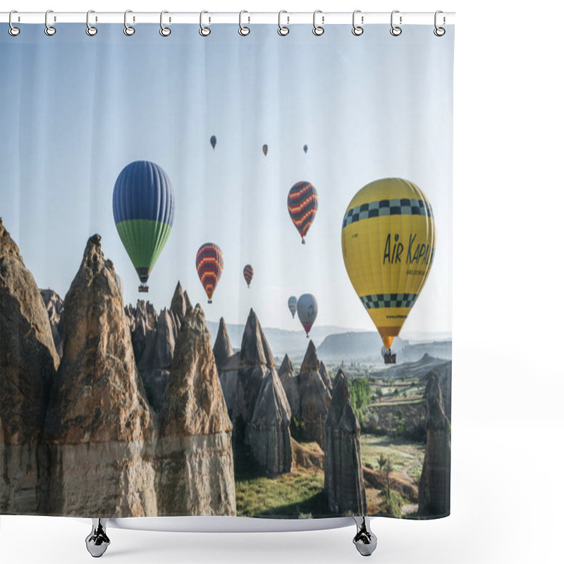 Personality  CAPPADOCIA, TURKEY - 09 MAY, 2018: Hot Air Balloons Flying In Sky Above Majestic Rock Formations In Famous Cappadocia, Turkey     Shower Curtains