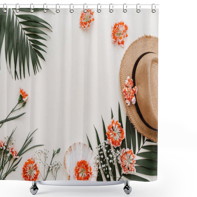 Personality  Flat Lay Summer Composition. Creative Concept Tropical Leaves And Straw Hat. Top View, Copy Space Shower Curtains