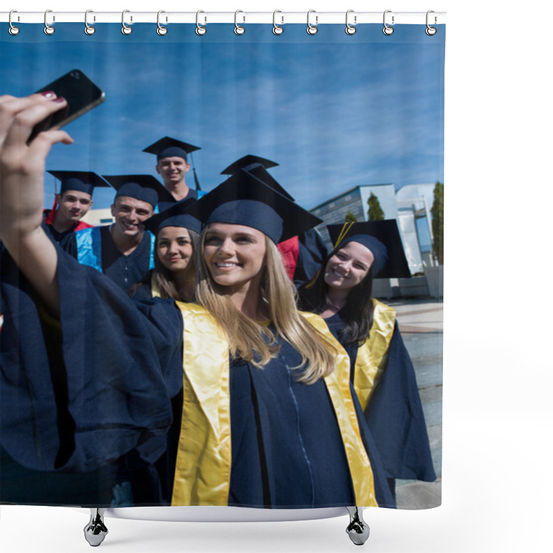 Personality  College Graduates In Graduation Gowns Making Selfie Photo Shower Curtains