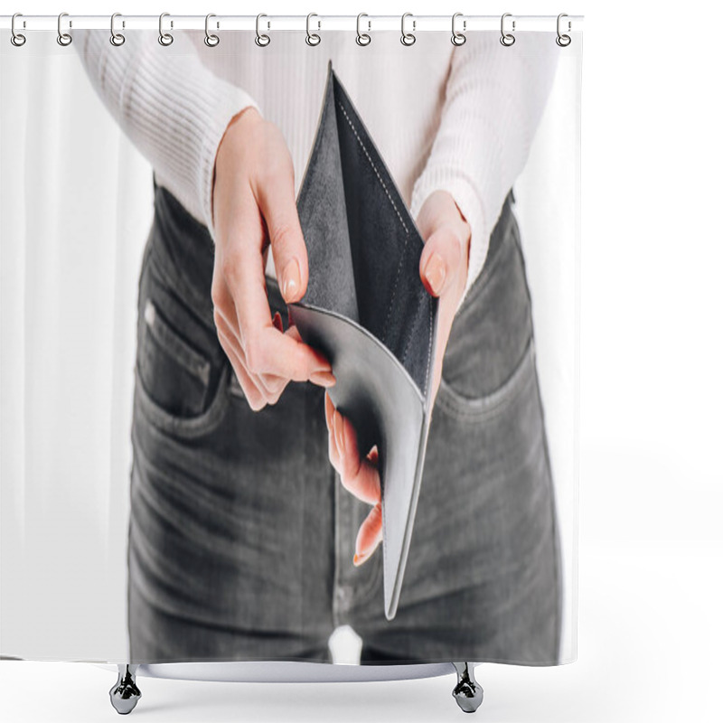 Personality  Cropped Image Of Woman Holding Empty Black Purse Isolated On White Shower Curtains