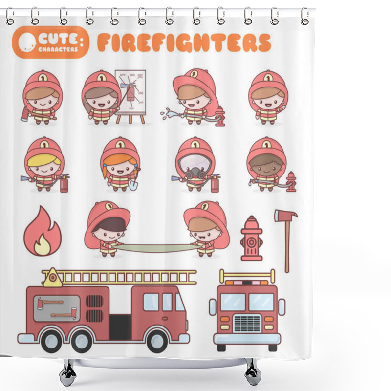 Personality  Cute Chibi Kawaii Characters Profession Set: Firefighters. Shower Curtains