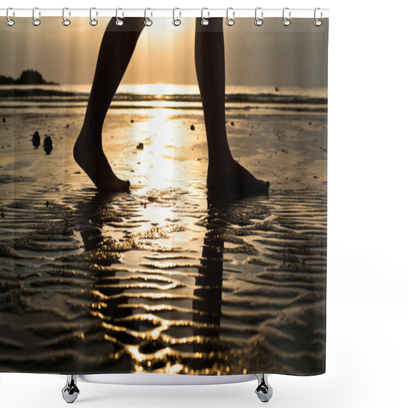 Personality  Feet Of A Young Woman Walking On The Beach At Sunset Shower Curtains