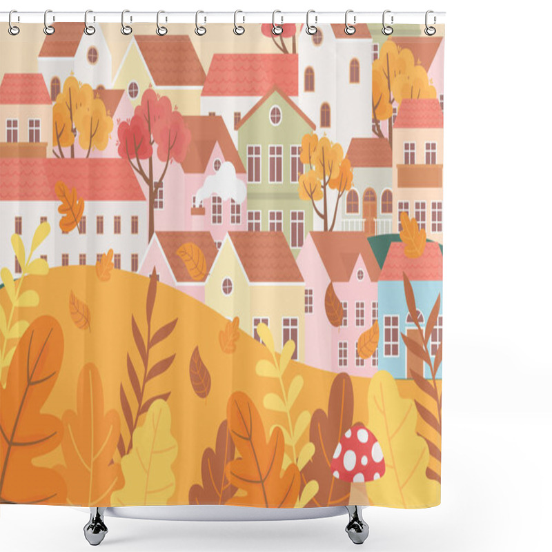 Personality  Landscape In Autumn Nature Scene, Cartoon Village Houses Mushroom Leaves Branches Foliage Shower Curtains