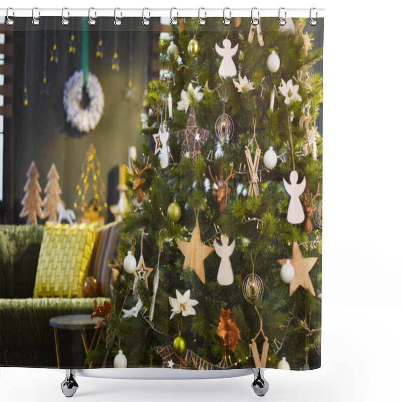 Personality  Christmas Decorated Green Modern Home With Big Christmas Tree. Shower Curtains