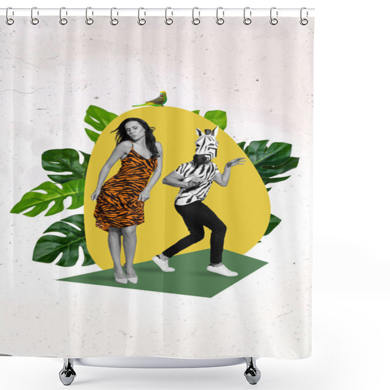 Personality  3d Retro Abstract Creative Artwork Template Collage Of Funny Funky Couple Lovers Dating Zebra Guy Escape Tiger Print Dress Dancing Girl. Shower Curtains