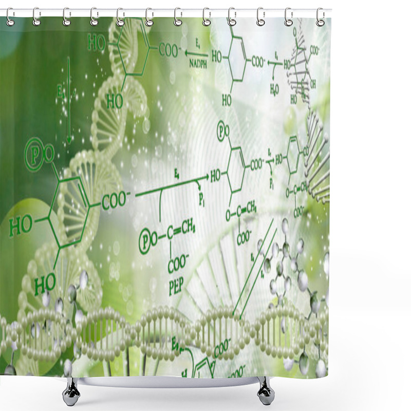 Personality  DNA Chain On A Blurred Background With Chemical Formulas. Shower Curtains