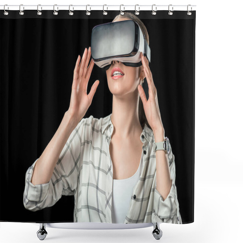 Personality  Woman Using Virtual Reality Headset, Isolated On Black Shower Curtains