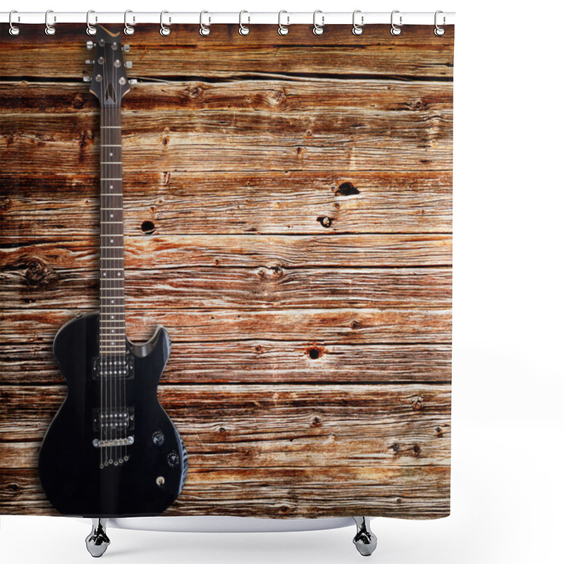 Personality  Black Electric Guitar On Wood Background Shower Curtains