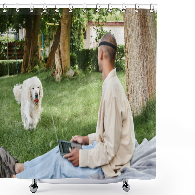 Personality  African American Man With Myasthenia Gravis Sits In Grass With Laptop, Accompanied By Loyal Labrador Dog. Shower Curtains